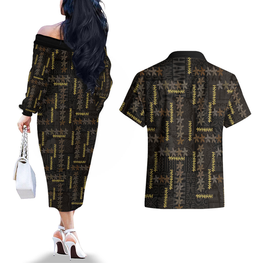 Hawaii Brown Plumeria Lei Black Couples Matching Off The Shoulder Long Sleeve Dress and Hawaiian Shirt Frangipani Floral Heritage Art LT01 - Polynesian Pride