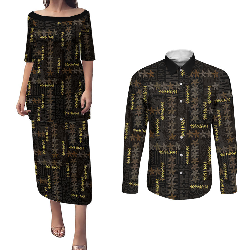 Hawaii Brown Plumeria Lei Black Couples Matching Puletasi and Long Sleeve Button Shirt Frangipani Floral Heritage Art LT01 Black - Polynesian Pride