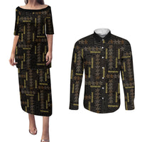 Hawaii Brown Plumeria Lei Black Couples Matching Puletasi and Long Sleeve Button Shirt Frangipani Floral Heritage Art LT01 Black - Polynesian Pride