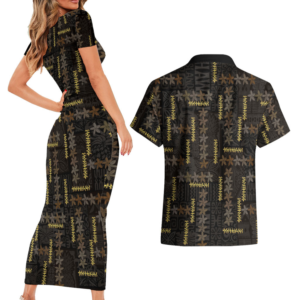 Hawaii Brown Plumeria Lei Black Couples Matching Short Sleeve Bodycon Dress and Hawaiian Shirt Frangipani Floral Heritage Art LT01 - Polynesian Pride