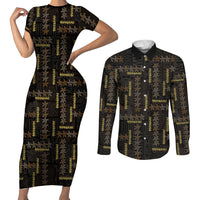 Hawaii Brown Plumeria Lei Black Couples Matching Short Sleeve Bodycon Dress and Long Sleeve Button Shirt Frangipani Floral Heritage Art LT01 Black - Polynesian Pride