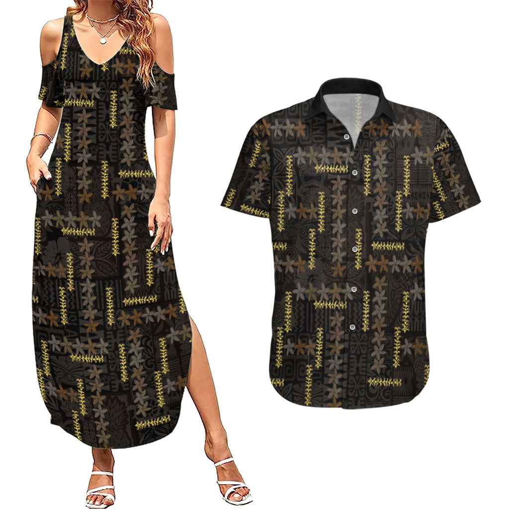 Hawaii Brown Plumeria Lei Black Couples Matching Summer Maxi Dress and Hawaiian Shirt Frangipani Floral Heritage Art LT01 Black - Polynesian Pride