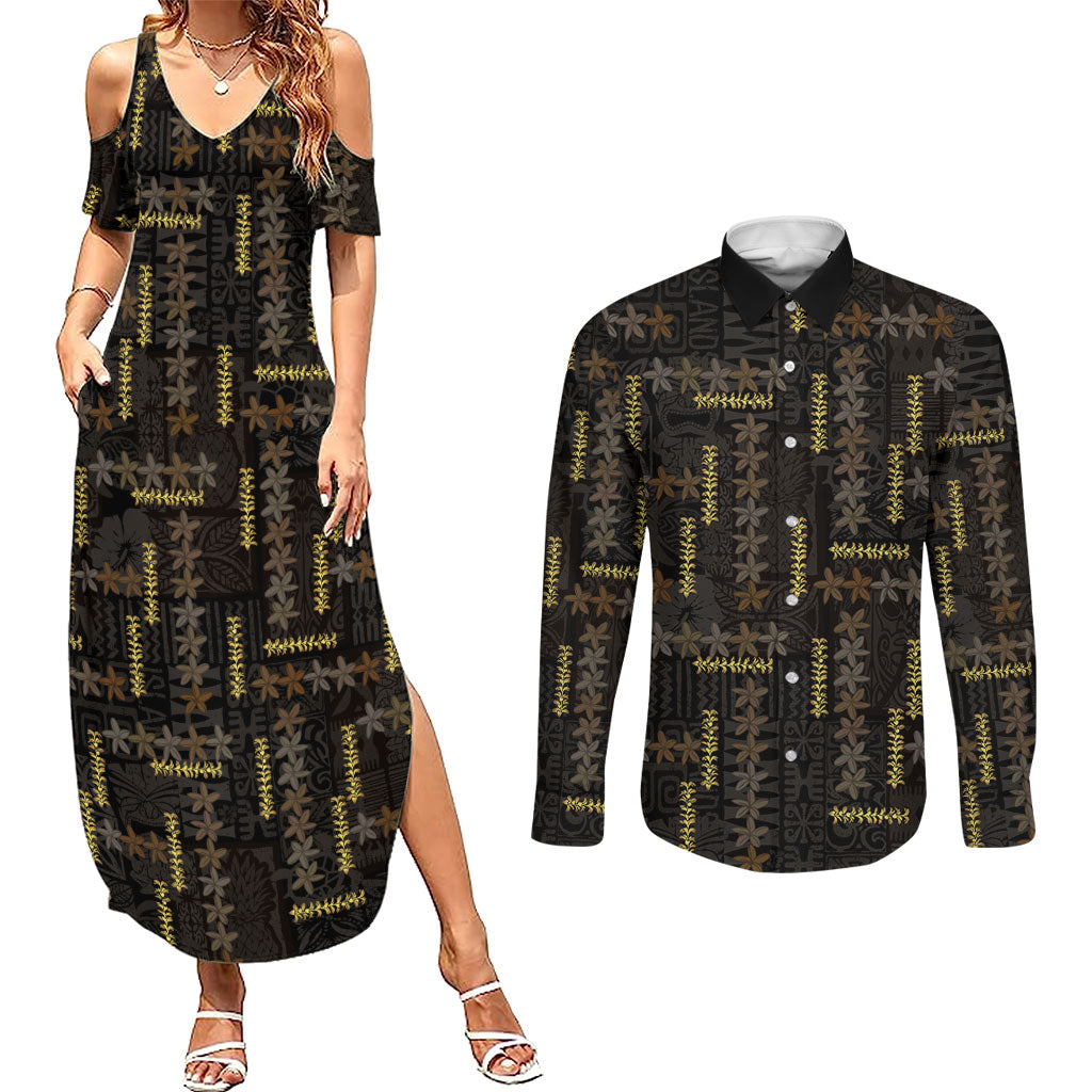 Hawaii Brown Plumeria Lei Black Couples Matching Summer Maxi Dress and Long Sleeve Button Shirt Frangipani Floral Heritage Art