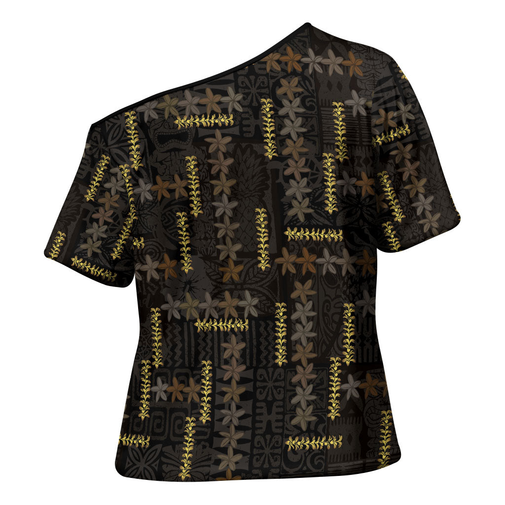 Hawaii Brown Plumeria Lei Black Cross Shoulder Shirt Frangipani Floral Heritage Art LT01 - Polynesian Pride