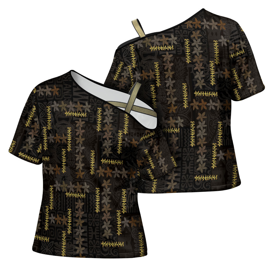 Hawaii Brown Plumeria Lei Black Cross Shoulder Shirt Frangipani Floral Heritage Art LT01 - Polynesian Pride