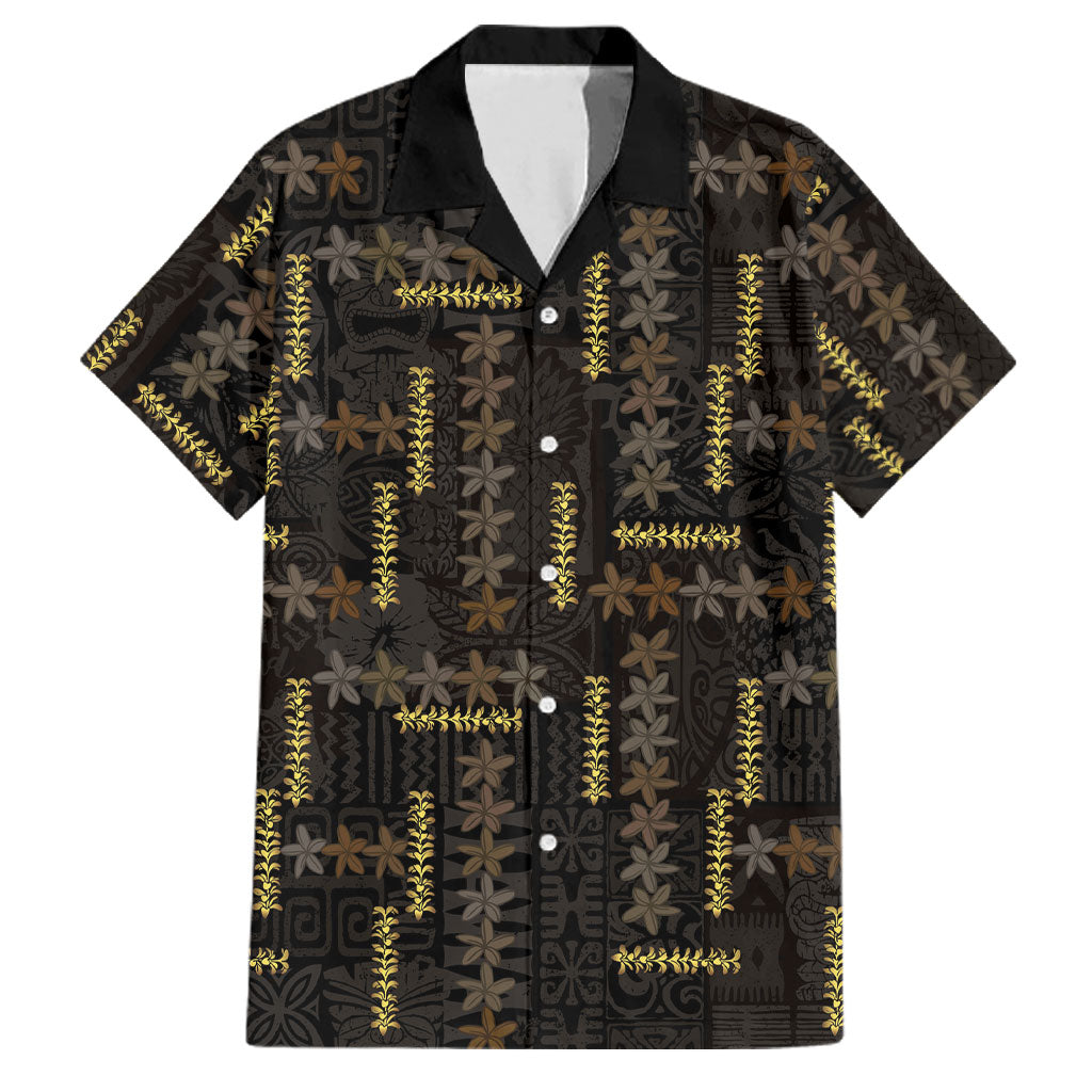 Hawaii Brown Plumeria Lei Black Family Matching Off Shoulder Maxi Dress and Hawaiian Shirt Frangipani Floral Heritage Art LT01 Dad's Shirt - Short Sleeve Black - Polynesian Pride