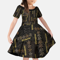 Hawaii Brown Plumeria Lei Black Family Matching Off Shoulder Short Dress and Hawaiian Shirt Frangipani Floral Heritage Art LT01 Daughter's Dress Black - Polynesian Pride