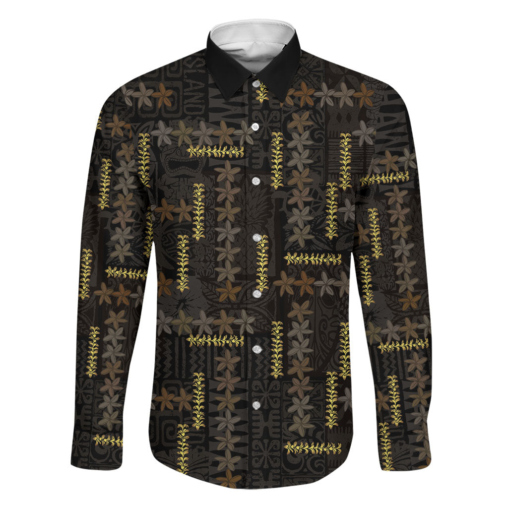 Hawaii Brown Plumeria Lei Black Family Matching Puletasi and Hawaiian Shirt Frangipani Floral Heritage Art LT01 Dad's Shirt - Long Sleeve Black - Polynesian Pride