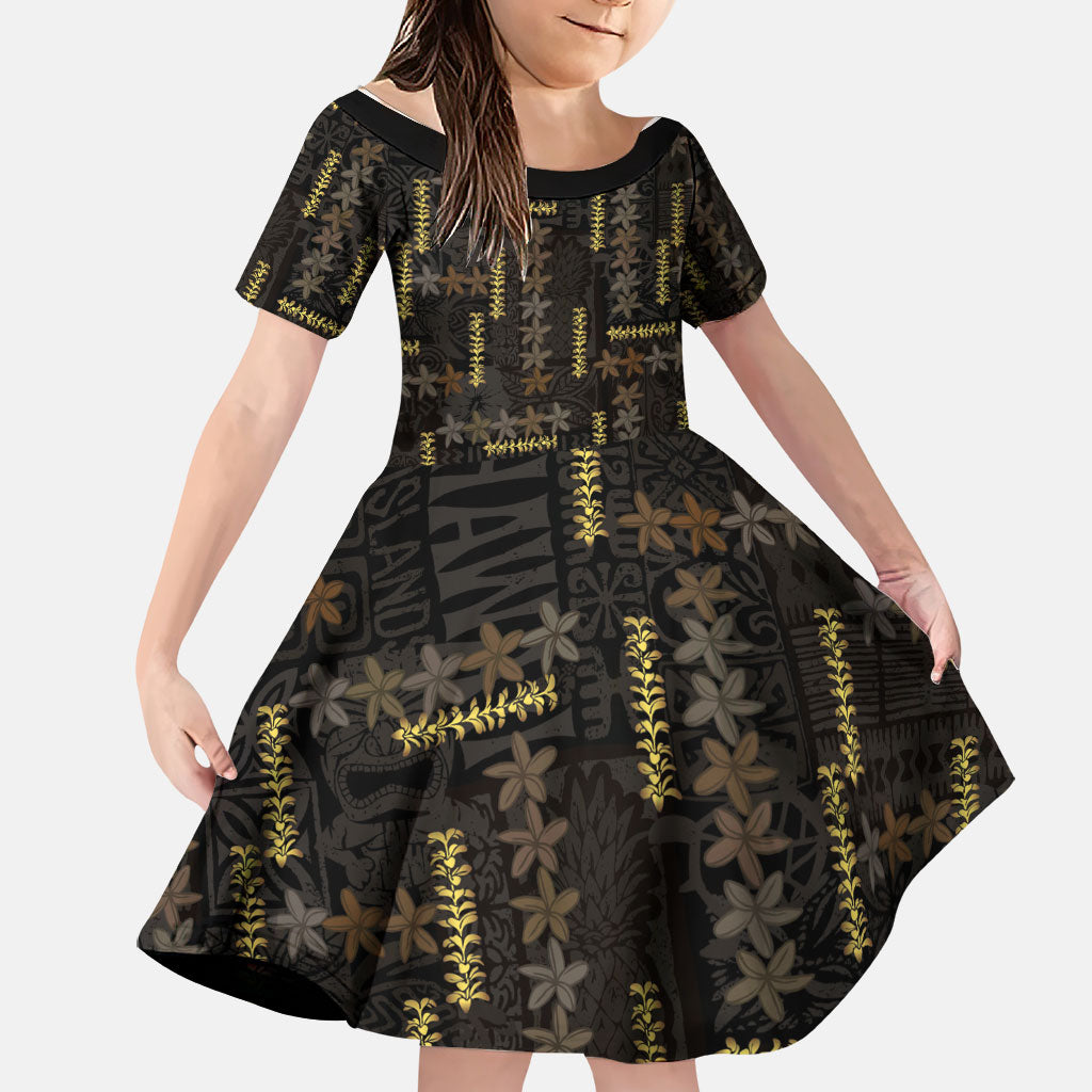 Hawaii Brown Plumeria Lei Black Family Matching Summer Maxi Dress and Hawaiian Shirt Frangipani Floral Heritage Art LT01 Daughter's Dress Black - Polynesian Pride