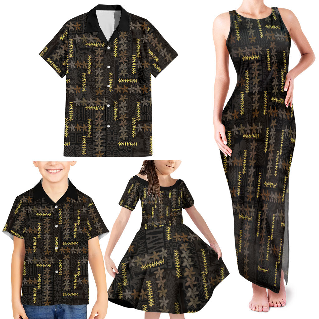 Hawaii Brown Plumeria Lei Black Family Matching Tank Maxi Dress and Hawaiian Shirt Frangipani Floral Heritage Art