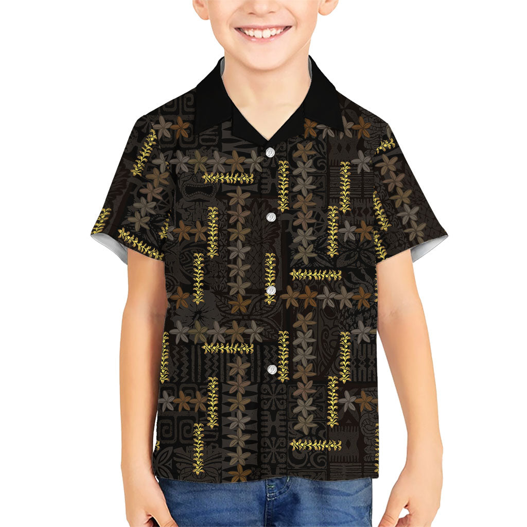 Hawaii Brown Plumeria Lei Black Family Matching Tank Maxi Dress and Hawaiian Shirt Frangipani Floral Heritage Art LT01 Son's Shirt Black - Polynesian Pride