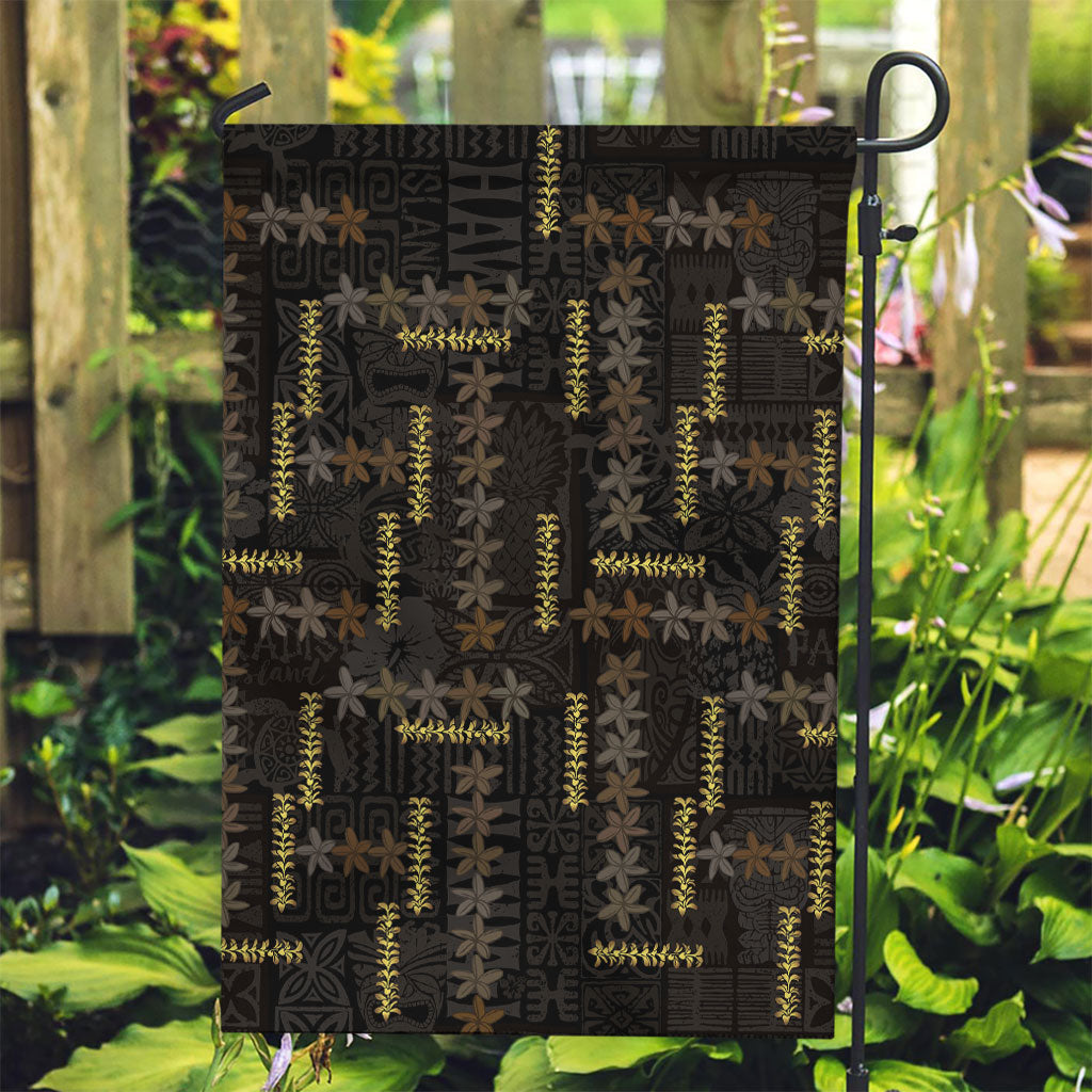 Hawaii Brown Plumeria Lei Black Garden Flag Frangipani Floral Heritage Art LT01 Garden Flag Black - Polynesian Pride
