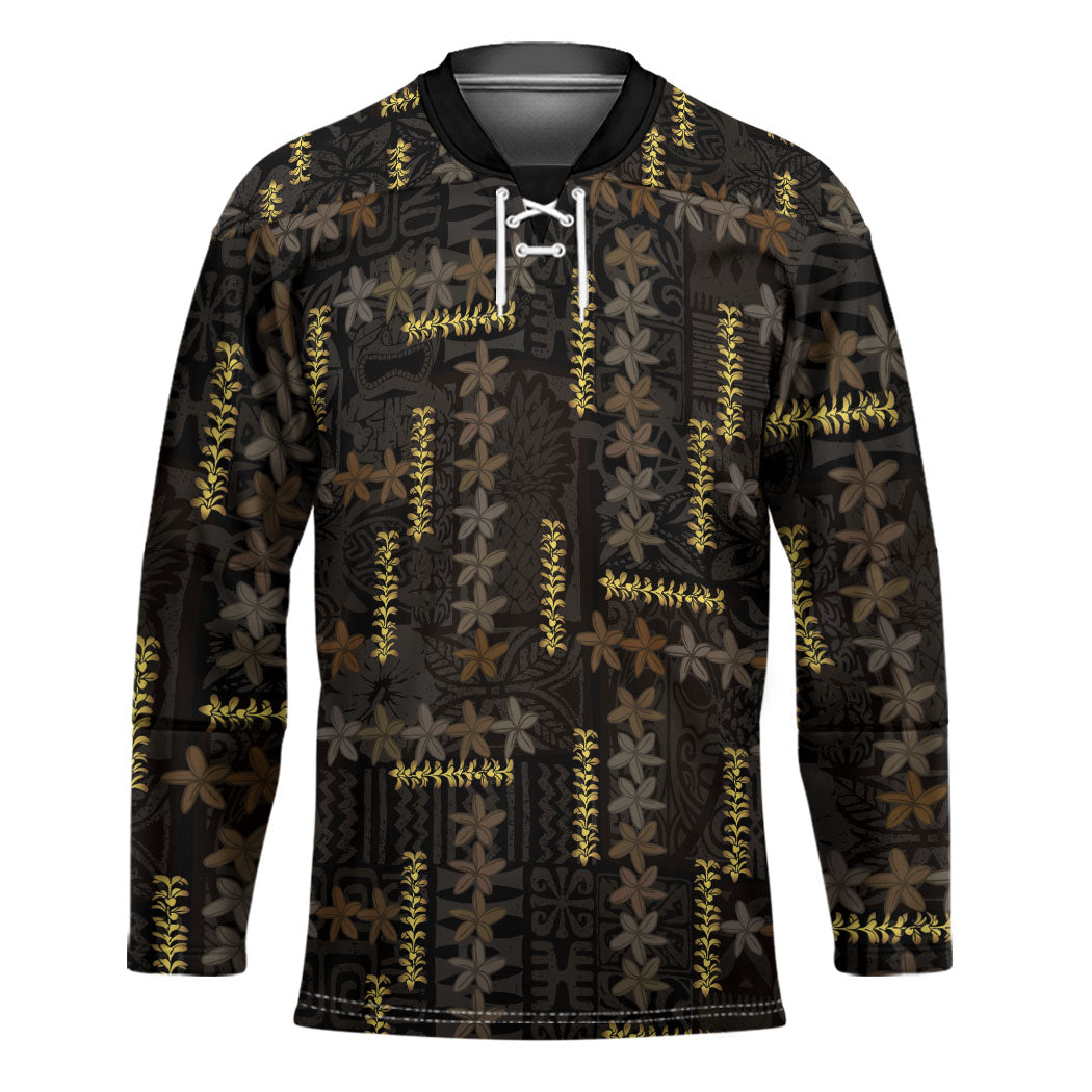 Hawaii Brown Plumeria Lei Black Hockey Jersey Frangipani Floral Heritage Art LT01 Unisex Black - Polynesian Pride