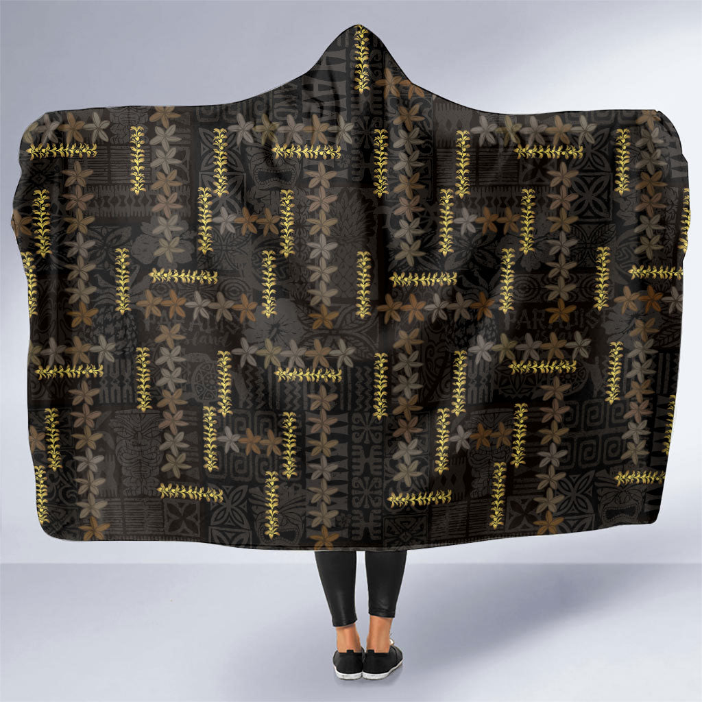 Hawaii Brown Plumeria Lei Black Hooded Blanket Frangipani Floral Heritage Art LT01 One Size Black - Polynesian Pride