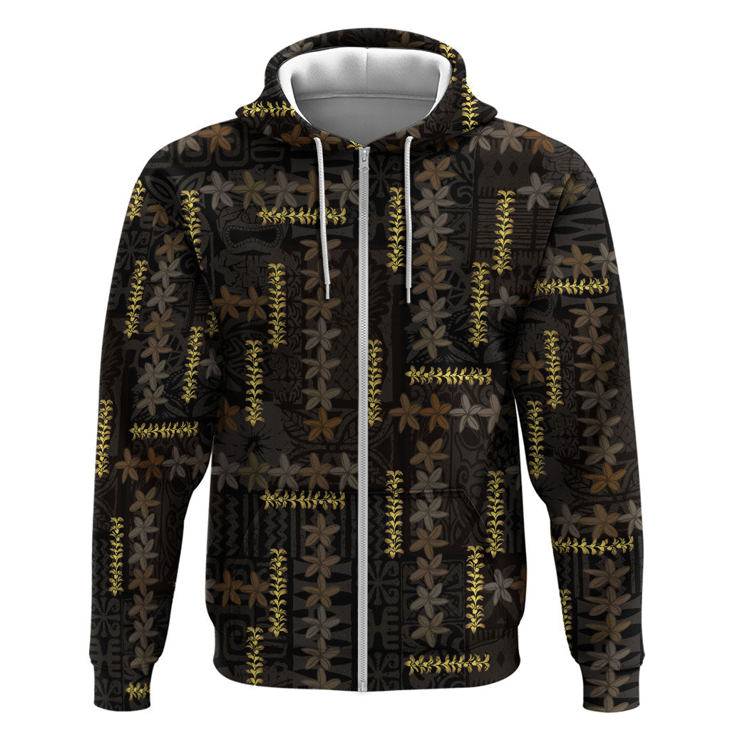 Hawaii Brown Plumeria Lei Black Hoodie Frangipani Floral Heritage Art LT01 Zip Hoodie Black - Polynesian Pride