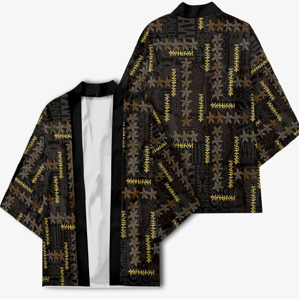 Hawaii Brown Plumeria Lei Black Kimono Frangipani Floral Heritage Art