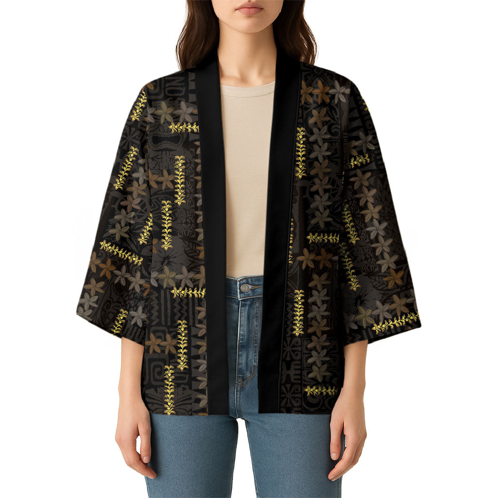 Hawaii Brown Plumeria Lei Black Kimono Frangipani Floral Heritage Art