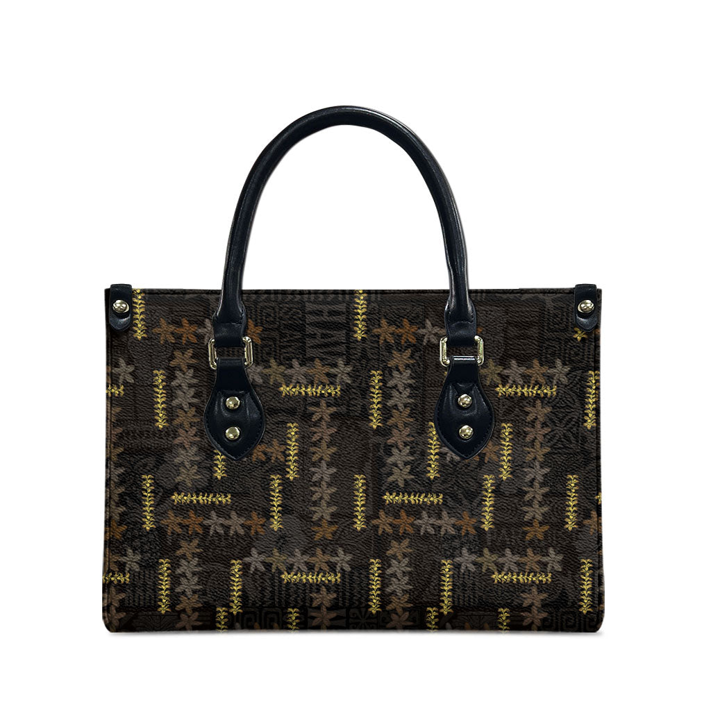 Hawaii Brown Plumeria Lei Black Leather Bag Frangipani Floral Heritage Art