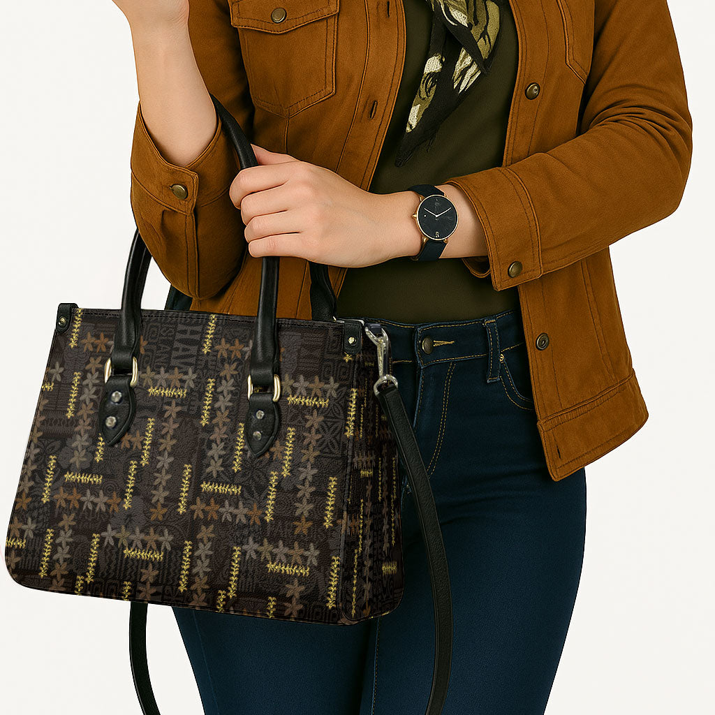 Hawaii Brown Plumeria Lei Black Leather Bag Frangipani Floral Heritage Art