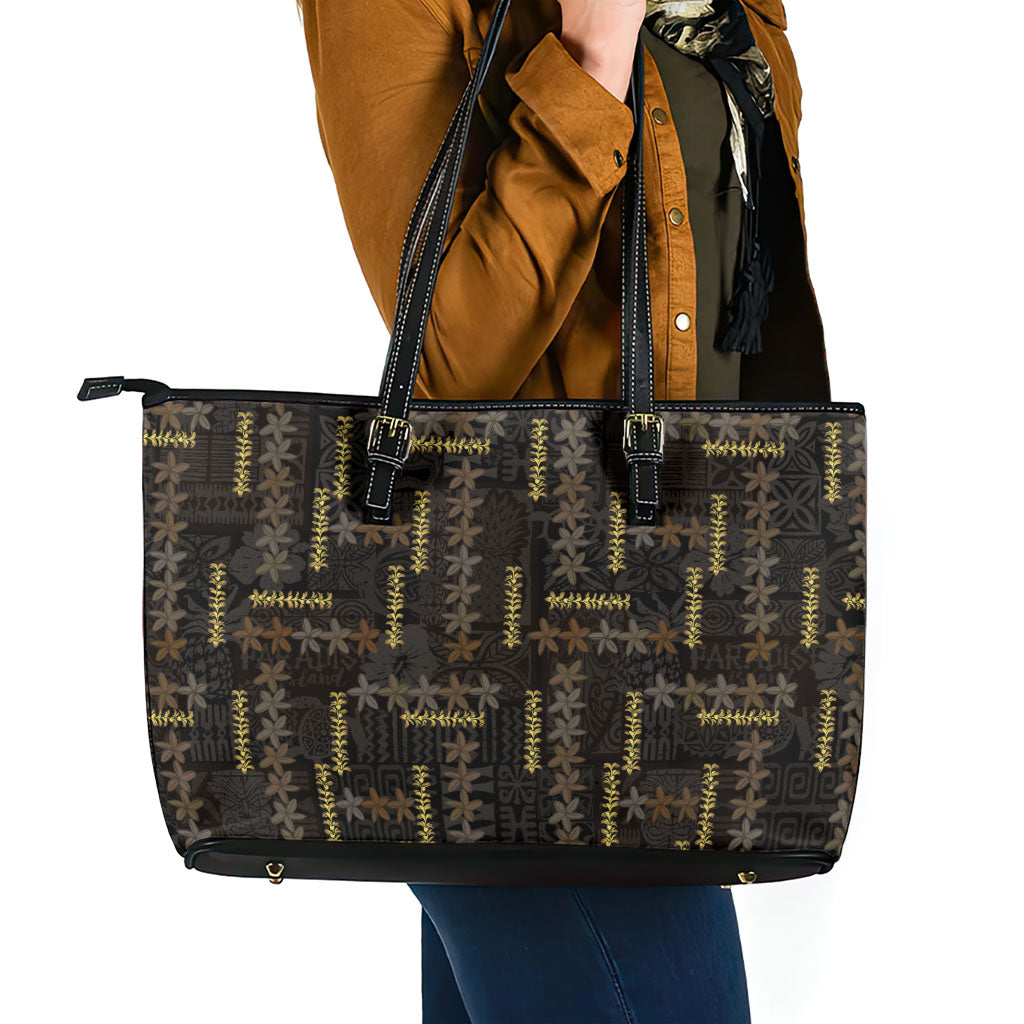 Hawaii Brown Plumeria Lei Black Leather Tote Bag Frangipani Floral Heritage Art LT01 - Polynesian Pride