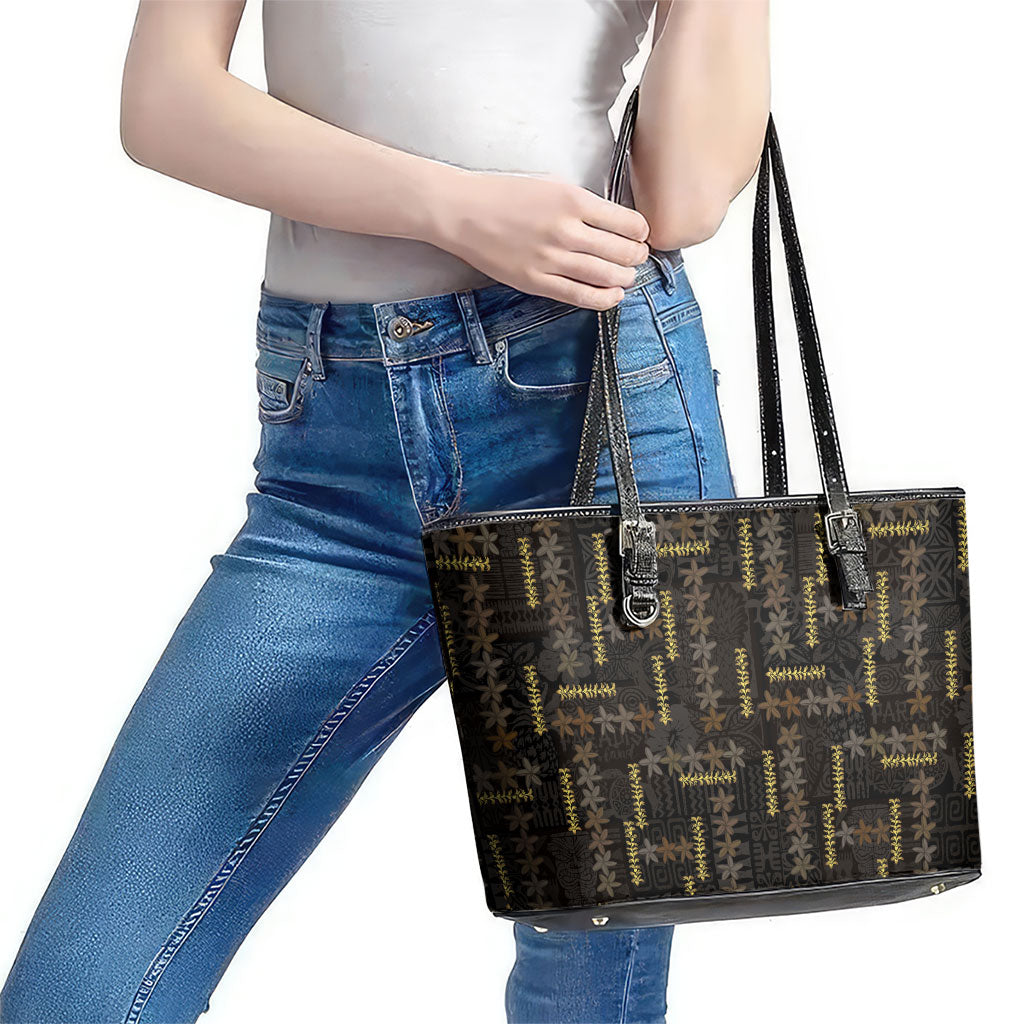 Hawaii Brown Plumeria Lei Black Leather Tote Bag Frangipani Floral Heritage Art LT01 - Polynesian Pride