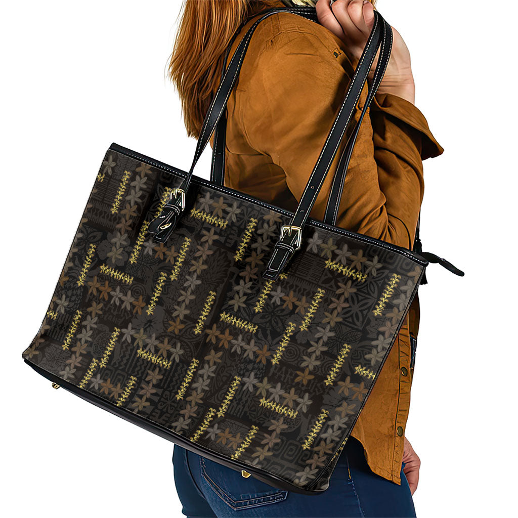 Hawaii Brown Plumeria Lei Black Leather Tote Bag Frangipani Floral Heritage Art LT01 - Polynesian Pride