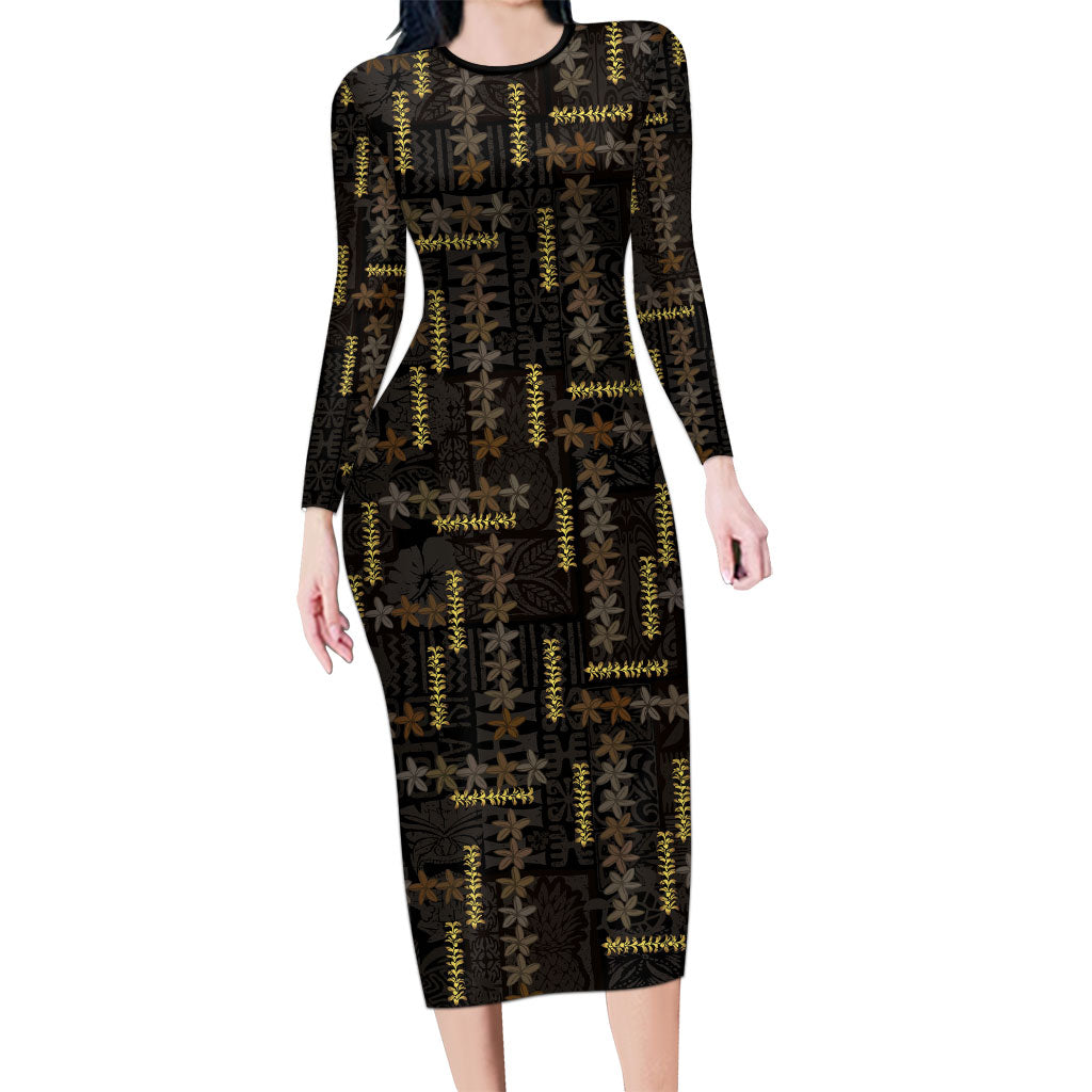 Hawaii Brown Plumeria Lei Black Long Sleeve Bodycon Dress Frangipani Floral Heritage Art LT01 Long Dress Black - Polynesian Pride