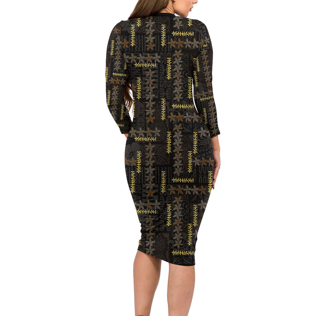 Hawaii Brown Plumeria Lei Black Long Sleeve Bodycon Dress Frangipani Floral Heritage Art LT01 - Polynesian Pride