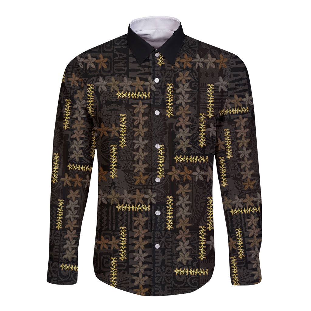 Hawaii Brown Plumeria Lei Black Long Sleeve Button Shirt Frangipani Floral Heritage Art LT01 Unisex Black - Polynesian Pride