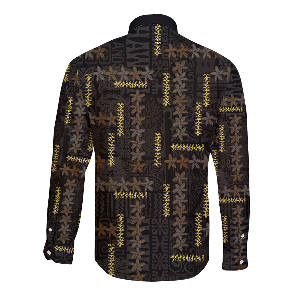 Hawaii Brown Plumeria Lei Black Long Sleeve Button Shirt Frangipani Floral Heritage Art