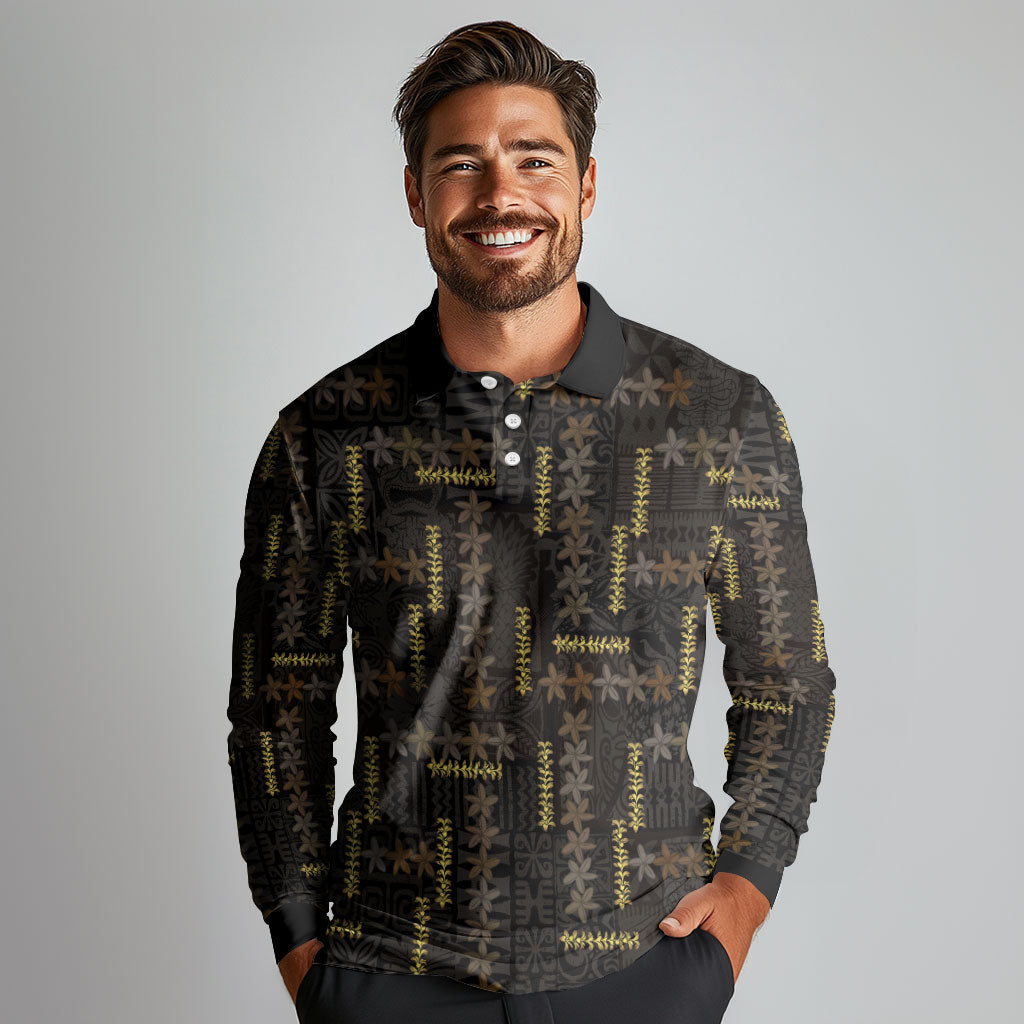 Hawaii Brown Plumeria Lei Black Long Sleeve Polo Shirt Frangipani Floral Heritage Art LT01 - Polynesian Pride
