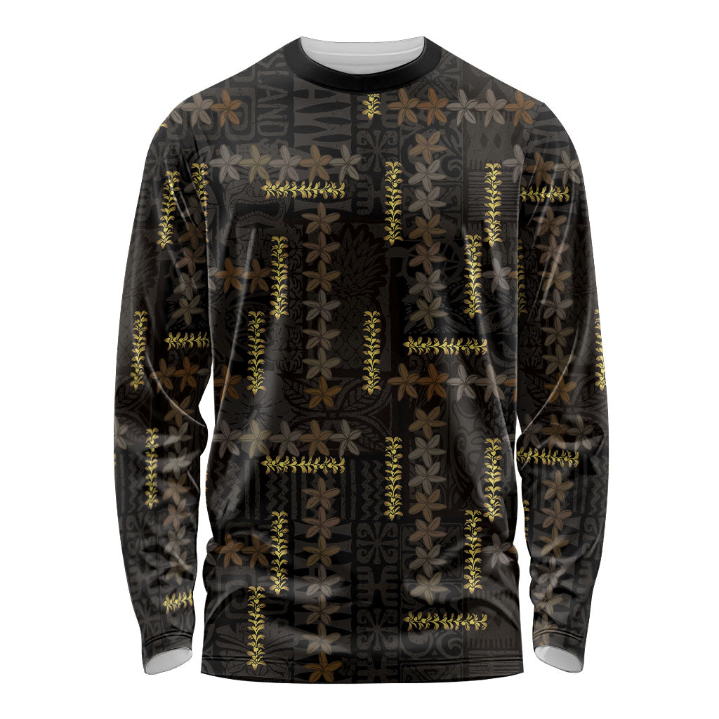 Hawaii Brown Plumeria Lei Black Long Sleeve Shirt Frangipani Floral Heritage Art LT01 Unisex Black - Polynesian Pride