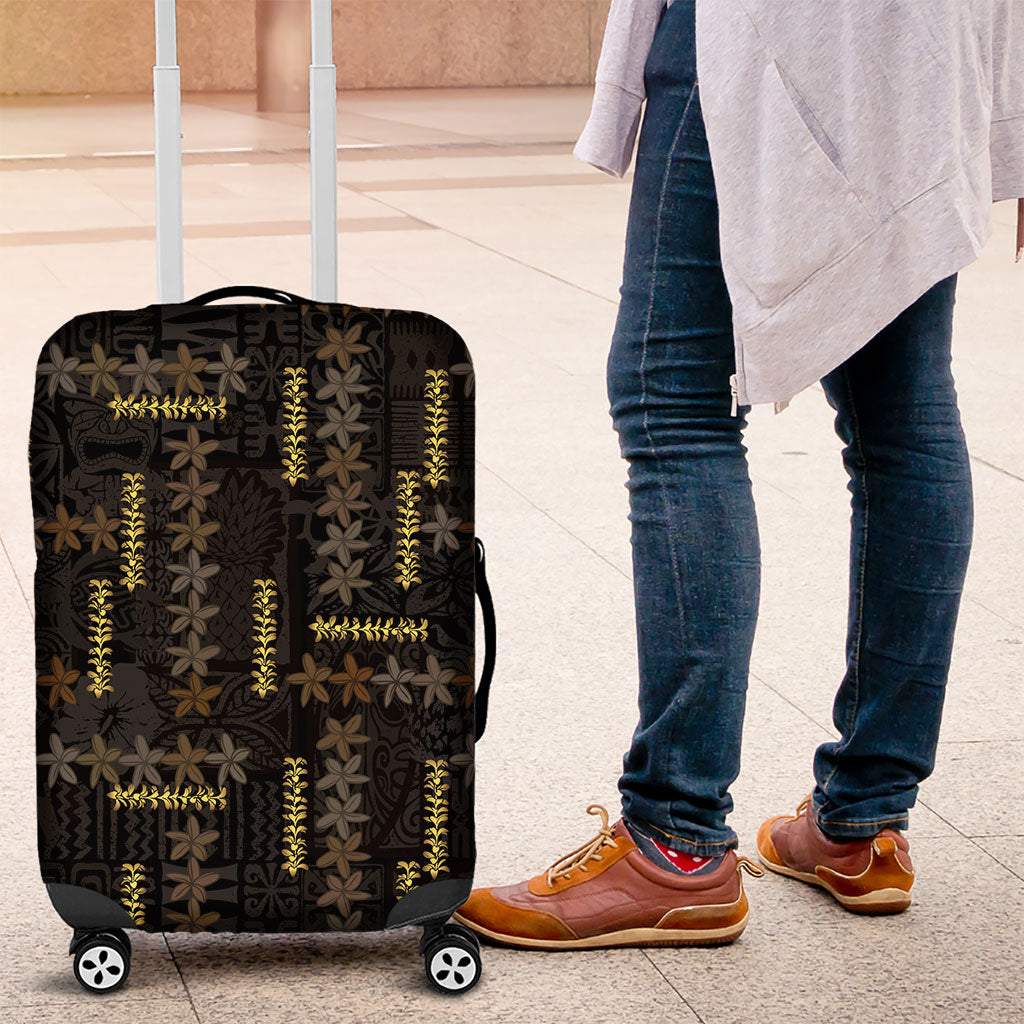Hawaii Brown Plumeria Lei Black Luggage Cover Frangipani Floral Heritage Art LT01 Black - Polynesian Pride