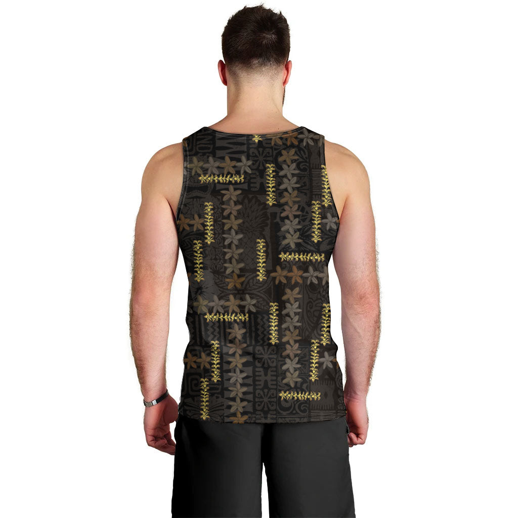 Hawaii Brown Plumeria Lei Black Men Tank Top Frangipani Floral Heritage Art LT01 - Polynesian Pride