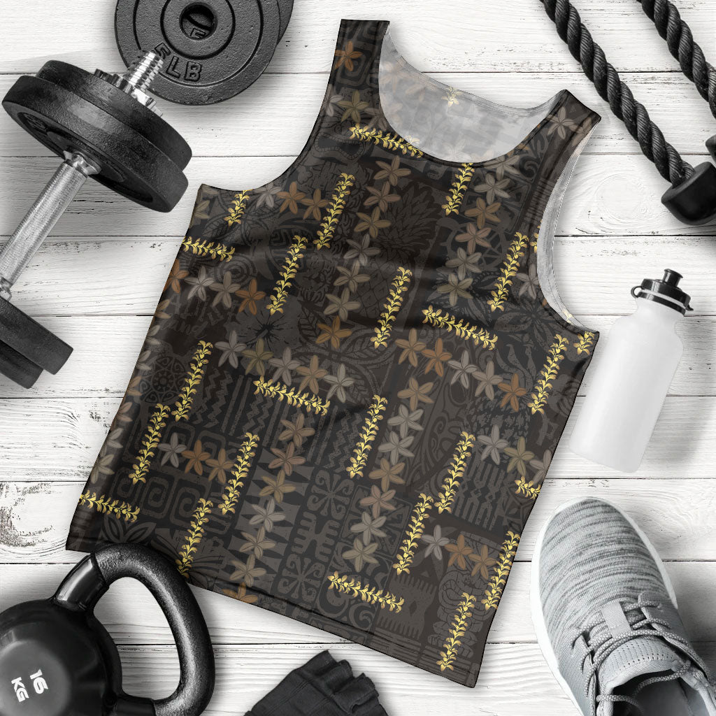 Hawaii Brown Plumeria Lei Black Men Tank Top Frangipani Floral Heritage Art LT01 - Polynesian Pride