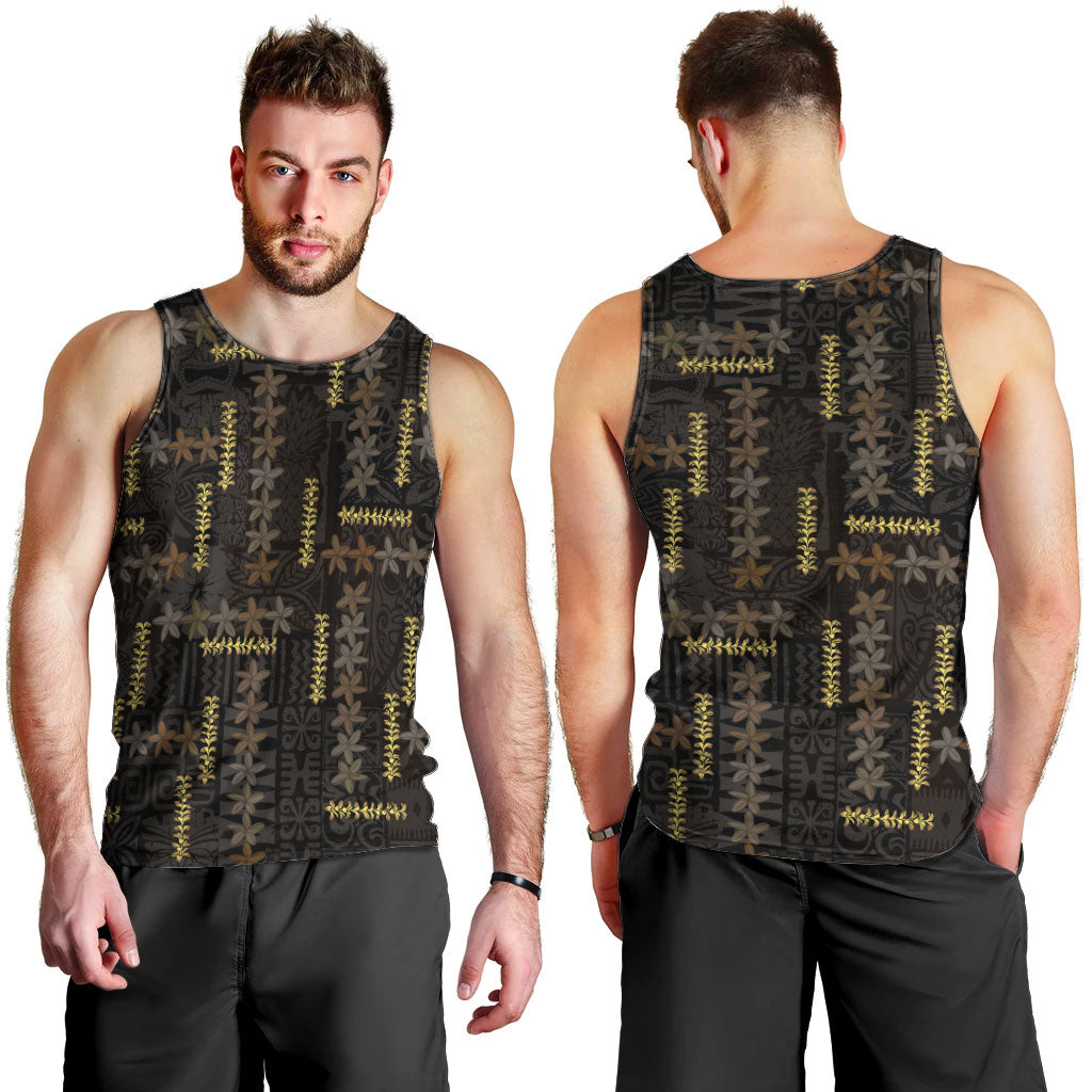 Hawaii Brown Plumeria Lei Black Men Tank Top Frangipani Floral Heritage Art LT01 - Polynesian Pride