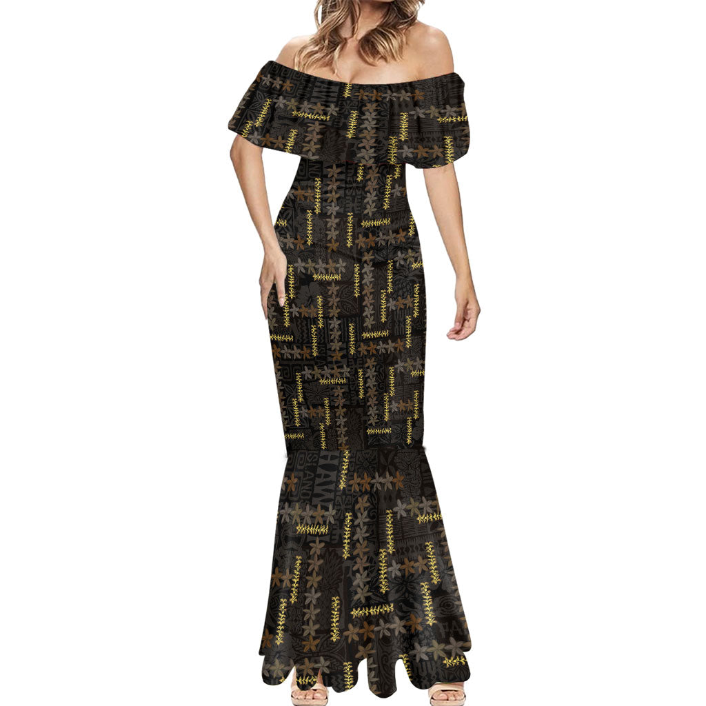 Hawaii Brown Plumeria Lei Black Mermaid Dress Frangipani Floral Heritage Art LT01 - Polynesian Pride