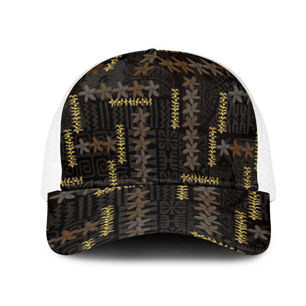 Hawaii Brown Plumeria Lei Black Mesh Trucker Cap Frangipani Floral Heritage Art LT01 One Size White Black - Polynesian Pride