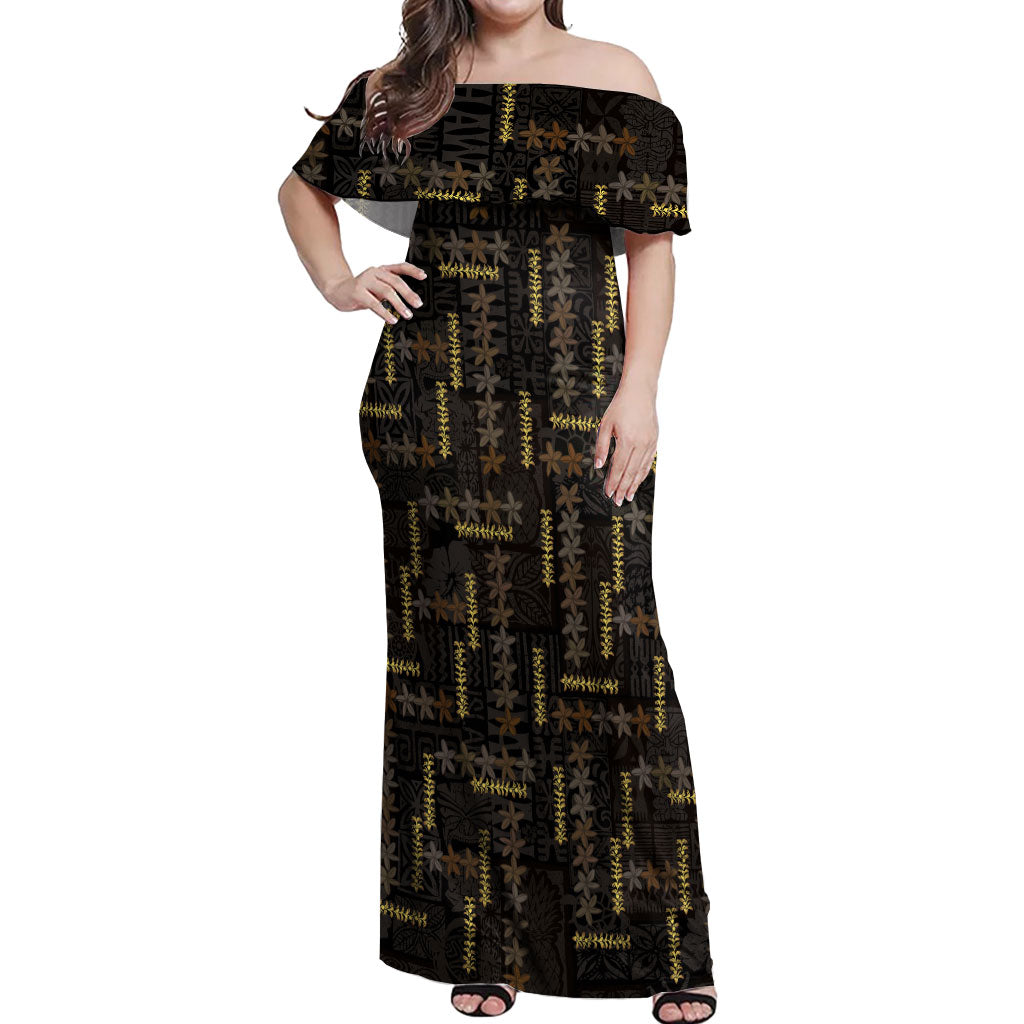 Hawaii Brown Plumeria Lei Black Off Shoulder Maxi Dress Frangipani Floral Heritage Art LT01 Women Black - Polynesian Pride