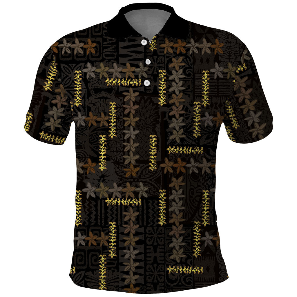 Hawaii Brown Plumeria Lei Black Polo Shirt Frangipani Floral Heritage Art LT01 Black - Polynesian Pride