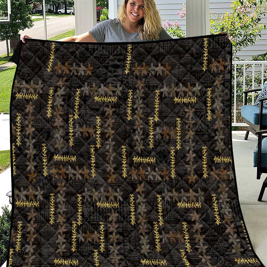 Hawaii Brown Plumeria Lei Black Quilt Frangipani Floral Heritage Art LT01 Black - Polynesian Pride