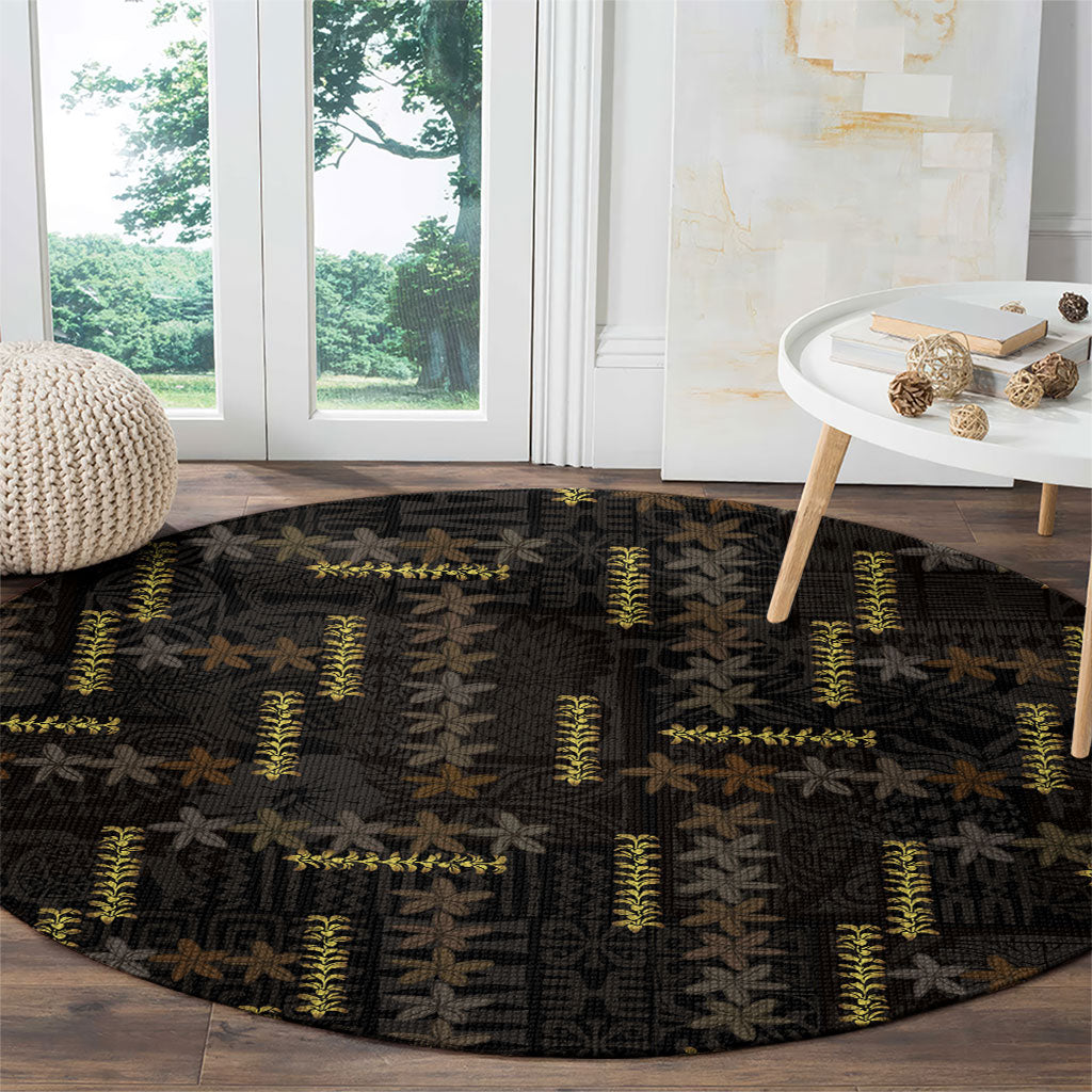 Hawaii Brown Plumeria Lei Black Round Carpet Frangipani Floral Heritage Art