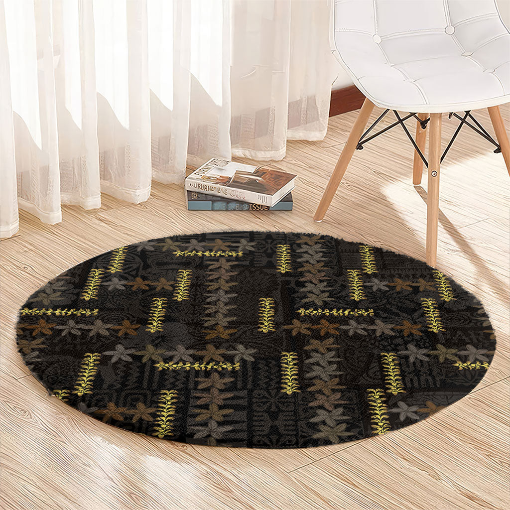 Hawaii Brown Plumeria Lei Black Round Carpet Frangipani Floral Heritage Art