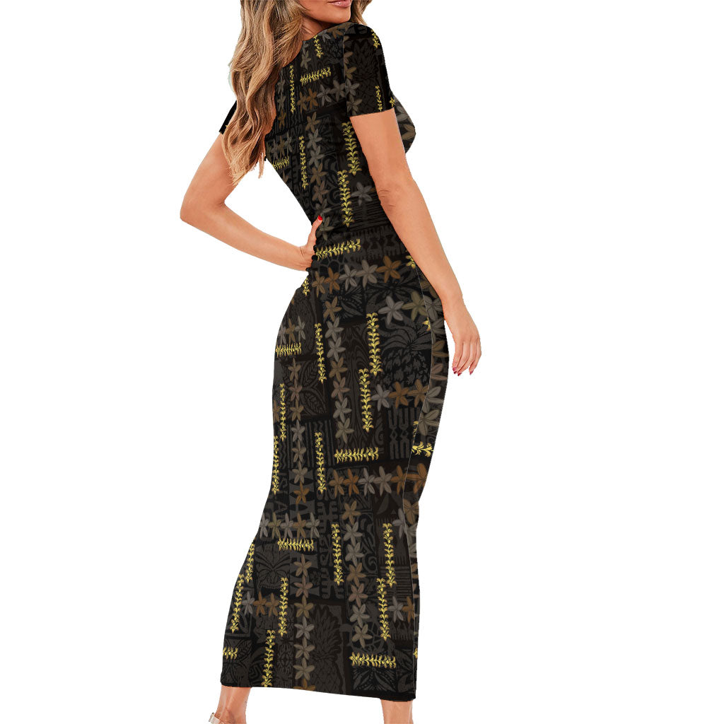 Hawaii Brown Plumeria Lei Black Short Sleeve Bodycon Dress Frangipani Floral Heritage Art LT01 - Polynesian Pride