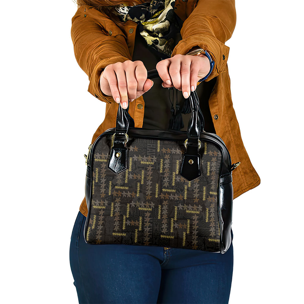 Hawaii Brown Plumeria Lei Black Shoulder Handbag Frangipani Floral Heritage Art LT01 One Size Black - Polynesian Pride