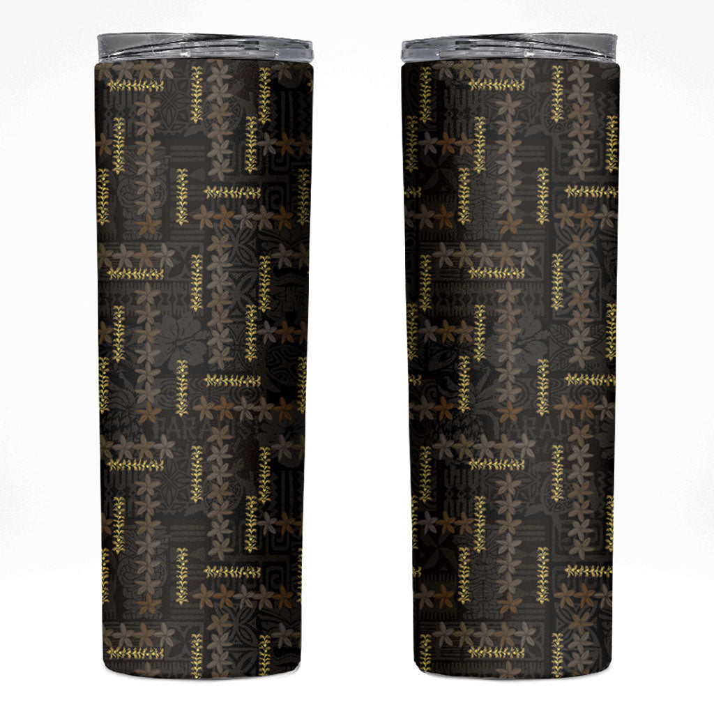 Hawaii Brown Plumeria Lei Black Skinny Tumbler Frangipani Floral Heritage Art LT01 Black - Polynesian Pride