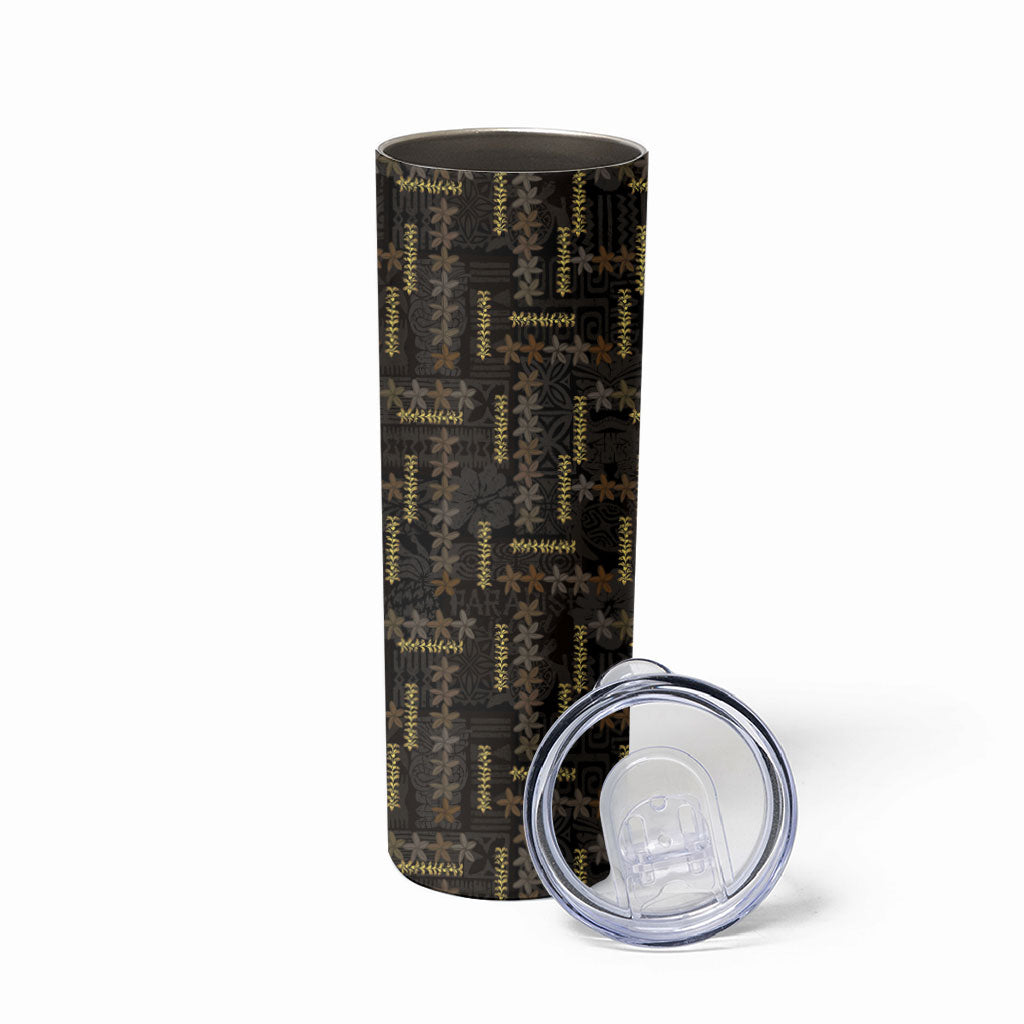 Hawaii Brown Plumeria Lei Black Skinny Tumbler Frangipani Floral Heritage Art LT01 - Polynesian Pride