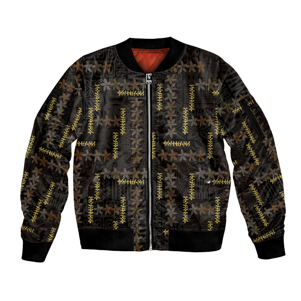 Hawaii Brown Plumeria Lei Black Sleeve Zip Bomber Jacket Frangipani Floral Heritage Art LT01 Unisex Black - Polynesian Pride