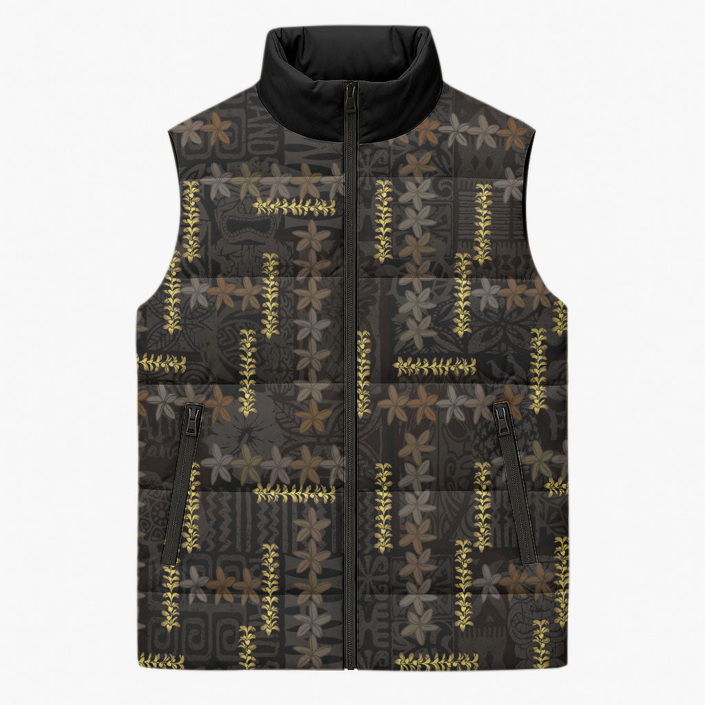 Hawaii Brown Plumeria Lei Black Sleeveless Puffer Jacket Frangipani Floral Heritage Art LT01 Unisex Black - Polynesian Pride