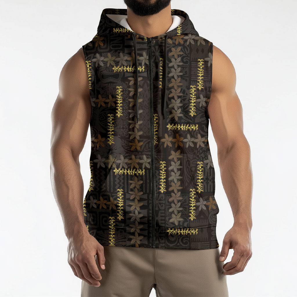 Hawaii Brown Plumeria Lei Black Sleeveless Zip Hoodie Frangipani Floral Heritage Art LT01 - Polynesian Pride